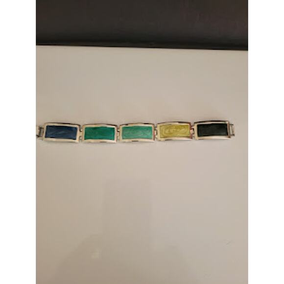 Vintage Five Panel Bracelet Silver Tone with Pearlized Enamel Panels Casual 80's - Picture 5 of 9